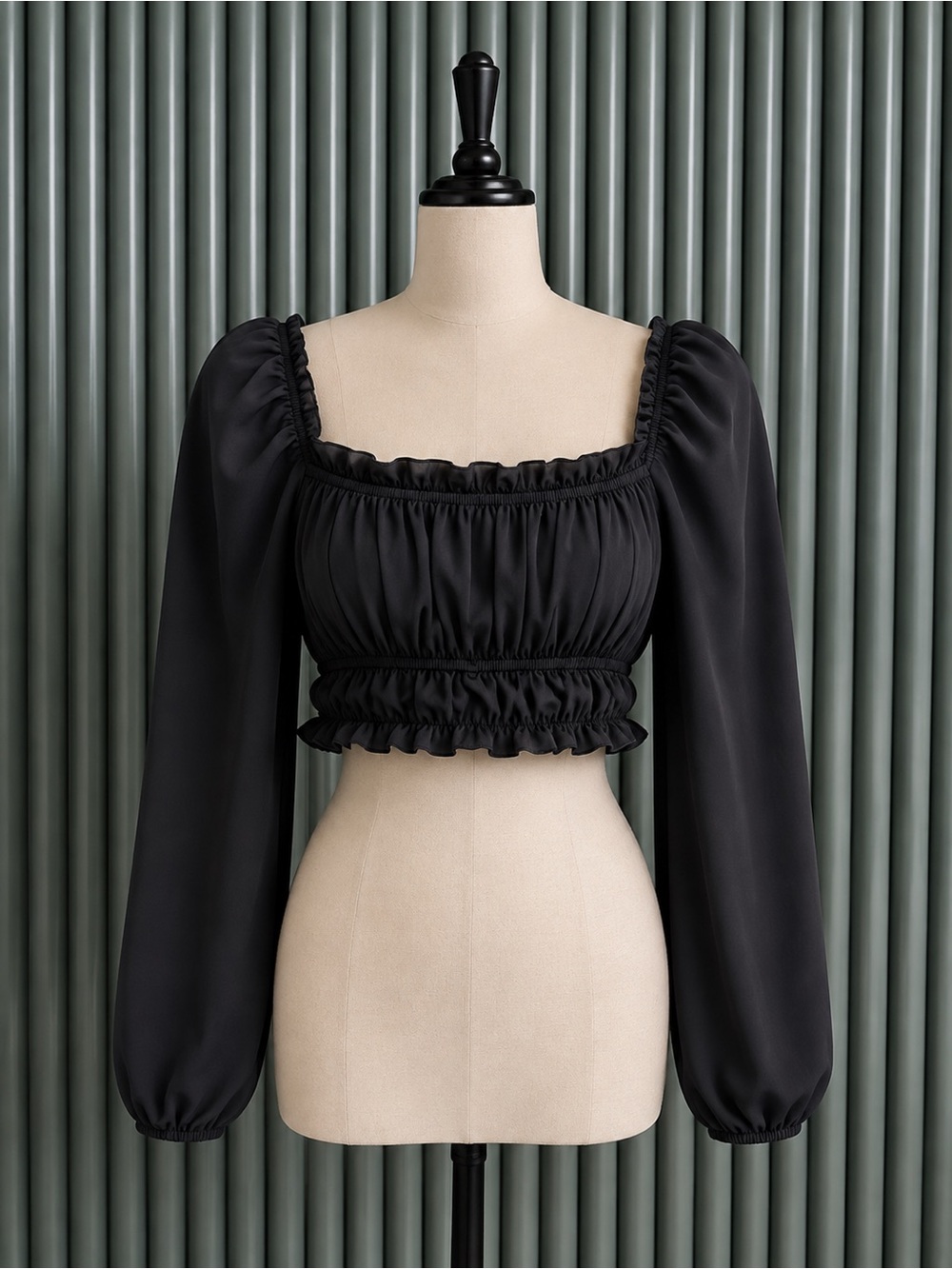 Kittenish Black Puff-Sleeve Cropped Top